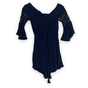 Navy Blue Small Off the Shoulder Romper - Hint of Blush